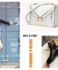 Hella Tough Badass Brass Chicago Screws And Rivets For Heavy Duty Bookbinding Leather Gear Purses Belts Shoes DIY Builds Smooth Ten Millimeter Gunmetal Metal Fasteners That Stick Around featured with leather jacket, chic bag, and stylish boots
