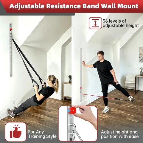 Adjustable Steel Resistance Band Wall Mount System With 40 Inch Vertical Glide And Heavy Duty Wall Anchor Kit For Killer Stability Home Gym Strength Training, showcasing use by two individuals.