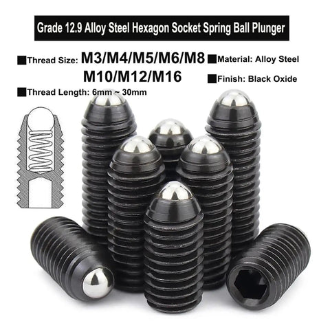 Heavy Duty Spring Ball Plungers And Hex Socket Set Screws, Grade 12.9 Alloy Steel Grub Fasteners, black oxide finish