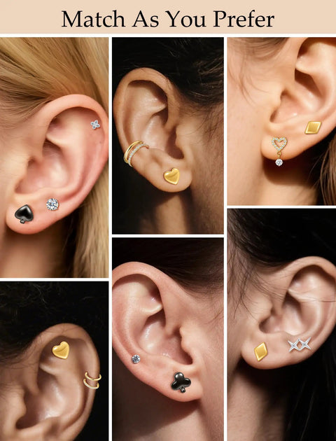 Various ear styles featuring Implant Grade F136 Titanium Cubic Zirconia Stud Earrings Secure Screw Back Ultra Light Hypoallergenic For Sensitive Ears All Day Fresh Fit No Drama Vibe Top Tier Slay.
