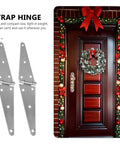 Heavy Duty Strap Hinge Pair For Wooden Doors And Rustic Barns Or Outdoor Sheds Slick Black Farm Gate Hardware Built Tough Rugged Steel Replacement Kit With No Sweat Install guaranteed to outlast worn out ones, displayed next to a festive door.