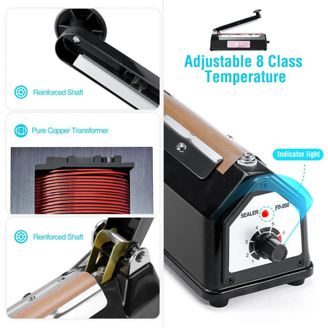 Close-up of adjustable settings on Reliable 8 Inch Bag Sealer With Impulse Heat Function For Plastic Packaging And Kitchen Storage.
