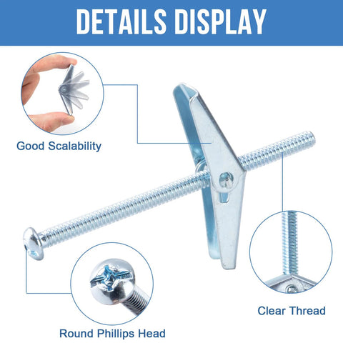 Three Sixteenth Inch By Five Inch Toggle Bolts Twelve Pieces For Drywall Heavy Duty Butterfly Anchors for Hollow Walls Sheetrock and Ceiling Zinc Plated Carbon Steel With Two Piece Design close-up