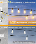 Comparison of 100Ft Outdoor String Lights With 52 Shatterproof Edison Bulbs showing socket spacing and extension cord use.