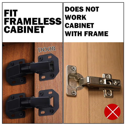 Comparison showing 10 Pack Hidden Cabinet Hinges Surface Mount fit for frameless cabinets on the left, unsuitable for framed on the right.