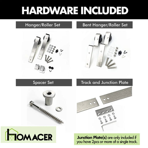 Brushed Nickel Single Track Bypass Sliding Barn Door Hardware Kit For Double Doors Featuring Nine Foot Flat Rail and Slick Heavy Duty Rollers For No Fuss Install included components.