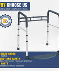Heavy Duty Bathroom Safety Rails With Footrest And Non Slip Rubber Feet Straight Up Solid Support For Seniors mounted on toilet.