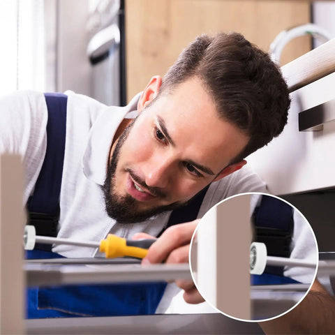 Man installing Heavy Duty Nylon Drawer Rollers With Slick Gliding Pulley Wheels M6 Thread Replacement Hardware for cabinets.