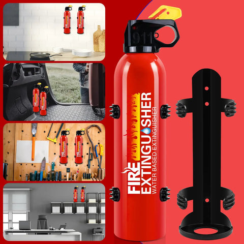 8 Pack Fire Extinguisher Spray Stop Fires Dead Class A B C K Compact Portable Rescue For Cars Trucks RV Boats Campers Marinas And Homes With Wall Mount For Kitchen Garage Ultimate Grit Shield displayed in various settings with wall mounts.