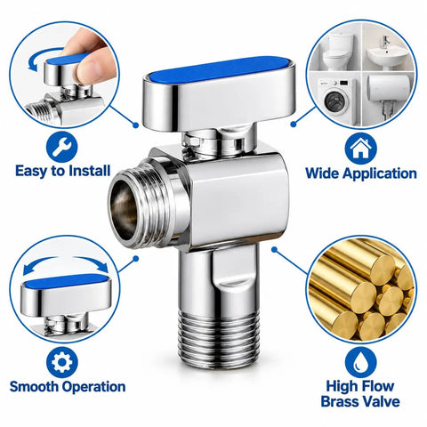 Heavy Duty Half Inch Angle Stop Valve 2 Pack Brass Ball Shut Off With Red And Blue Handles For Water Heater Kitchen Plumbing High Flow Chrome Plated Finish No Sweat Install Rock Solid Durability Proven showing easy installation and smooth operation.