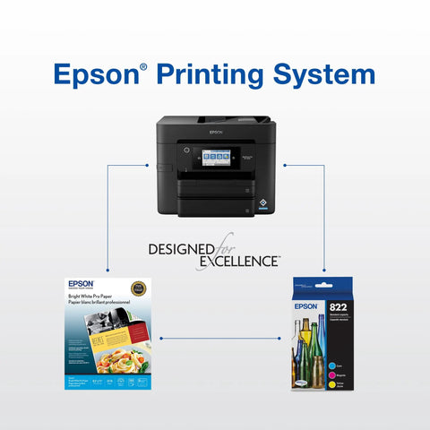 Epson Printing System with WorkForce Pro printer, Bright White Pro Paper, and Cyan DURABrite Ultra Ink Cartridge 822 For WorkForce Pro WF-3820 3823 4820 4830 4833 4834 Standard Capacity T822220-S Boss Level Color For Fast Drying Smudge Resistant Color For Sharp Text And Vivid Photos For Busy Offices