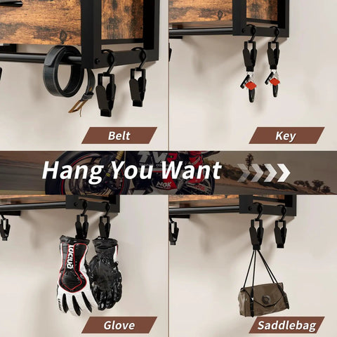Built Tough Heavy Duty Motorcycle Helmet Holder Wall Mounted Rack Holds Six Helmets And Riding Gear Storage Organizer For Your Garage Or Bike Shop Display Unit with gloves and accessories hung.