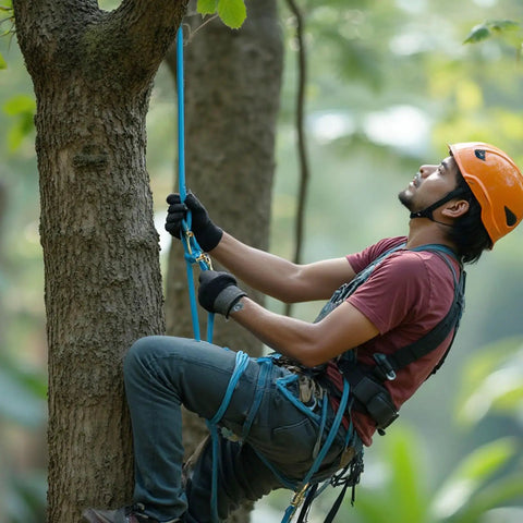 Heavy Duty 3/4 By 50 Foot Double Braided Polyester Arborist Rigging Rope used by climber pulling up tree climbing gear.