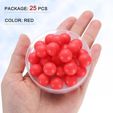 25 Piece Set Polypropylene Bearing Balls 14mm Red Plastic Rollers in hand, ideal for heavy duty mechanical projects and repair.
