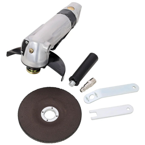 5 Inch Heavy Duty Pneumatic Angle Grinder Built Tough For Auto Repair And Metal Fab Shops, with accessories laid out.