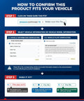 Instructions showing how to check product compatibility with your vehicle using Amazon's "Make Sure This Fits" feature.