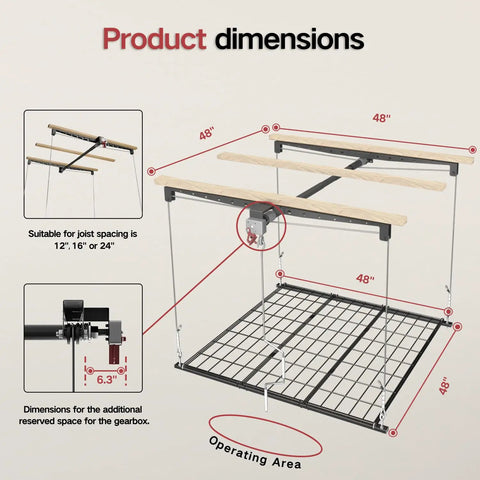Heavy Duty Overhead Garage Storage Rack For 10 To 12 Ft Ceilings With A Slick Drop Down Release And Rock Solid Safety Locks 4X4 Foot Ceiling Loft Organizer 250 Lb Capacity product dimensions illustration