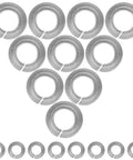 100 Piece Stainless Steel Spring Lock Washers 1/4 Inch Split Lock Washers viewed from above in a triangular arrangement.