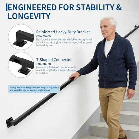 Heavy Duty Ten Foot Black Metal Stair Railings Indoor And Outdoor featuring sturdy wall-mounted bracket for safety.