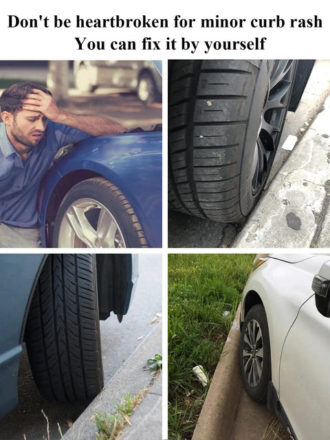 Gunpowder Gray Wheel Touch Up Paint Pen For Tesla Model Y And 3 S X Alloy Rims showing curb rash on tire and rims.