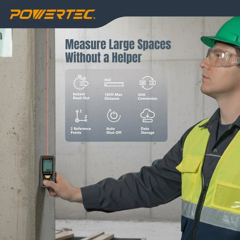 Straight Shooter Laser Measure 165 Ft Range Digital Distance Meter held by a worker in a construction site.