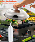 42 Piece Flat Top Griddle Accessories Kit With Extra Wide Burger Spatula Enlarged Spatulas Melting Dome And Burger Press Plus Tongs Knife Basting Cover Rectangle Bacon Press For Outdoor BBQ Teppanyaki featuring melting dome on vegetables and squeeze bottles on griddle