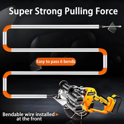 Automatic Electric Wire Puller And Stringing Machine With Slick Variable Speed Control And No Sweat 360 Flex Head For Tough Electrical Or Pipe Threading Tasks On Site Featuring Solid 10000 Mah Battery, showcasing super strong pulling force and bendable wire.