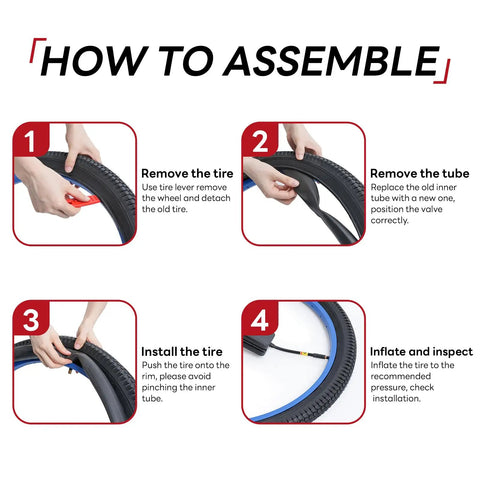 Four-step guide to install Heavy Duty 26 Inch Bike Inner Tube 26x2.10 To 2.40 Schrader Valve AV32mm Replacement Tube.
