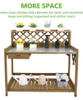 Outdoor Fir Wood Potting Bench With Metal Table Top Drawer Large Bottom Shelf And Open Shelf Garden Work Station