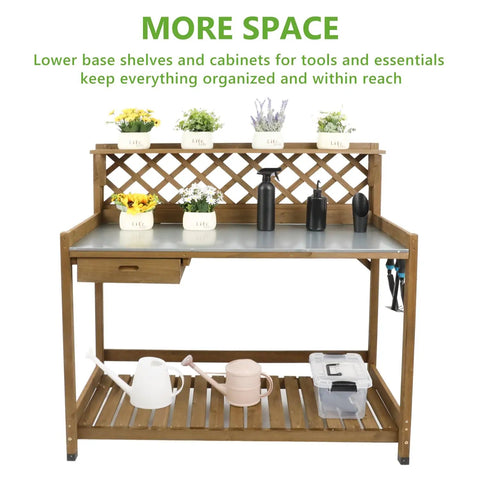 Outdoor Fir Wood Potting Bench With Metal Table Top Drawer Large Bottom Shelf And Open Shelf Garden Work Station