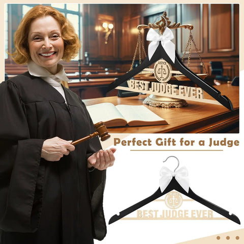 Wooden Judge Coat Hanger With Bow And Balanced Scale Motifs Dope Gift displayed on courtroom desk with gavel