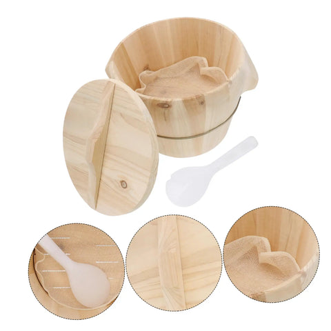 Straight Up Game Changer Polished Wood Rice Steamer Bucket With Quick Release Bottom For Foolproof Sticky Rice Service That Locks In Heat And Saves You Serious Kitchen Time with spoon and bamboo liner.
