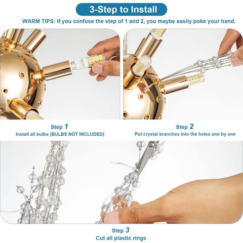 Installation steps for Lit Dandelion Crystal Chandelier with Firework Sparkle Gold Pendant Light Fixture.