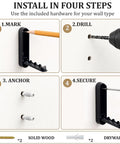 Installation steps for Sick Folding Wall Hooks Black Rounded Design with hardware for secure wall mounting.