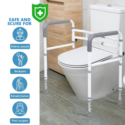 Heavy Duty Toilet Safety Rail For Seniors With Adjustable Height And Width Frame No Nonsense Support Handles Up To 350 Lbs Non Slip Bathroom Grab Bar beside toilet.