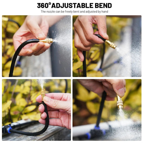 Hands adjusting 360 Degree Adjustable Drip Irrigation System For Gardens With Ten Nozzles Thirty Foot Run Raised Bed Sprinkler