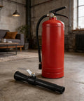 Heavy Duty Fire Extinguisher Spray Nozzle Replacement Kit For Handheld Portable Units Black Two Piece Pack next to a red fire extinguisher.
