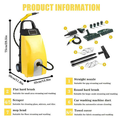 Heavy Duty 3000W Steam Cleaner With 3.5L Tank And Fast 40 Second Heat Up for Deep Cleaning Home Auto Commercial Surfaces detailed parts list.