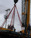 Yellow Endless Polyester Round Lifting Sling Extends Twelve Feet With An 8400 Pound Rating used in lifting heavy loads during a construction site operation.