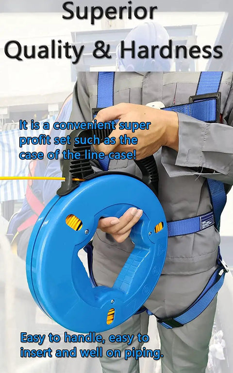 Worker holding Beefy Steel Wire Puller Tape 200 Foot Long One Sixth Inch Wire Diameter With Handy Storage Case for wiring