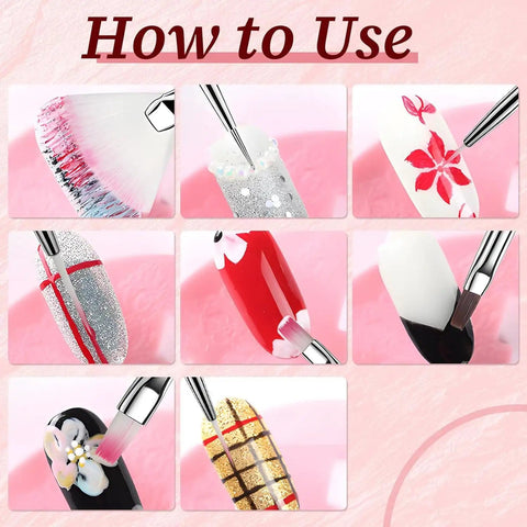 Collage showing how to use Nail Art Brush Kit 22 Piece Set With 2 Way Acrylic Silicone Engraving Pens Dotting Tools
