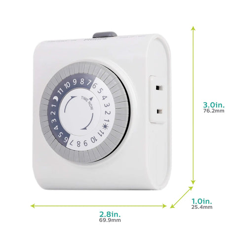 24 Hour Mechanical Timer Outlet With Two Polarized Plugs, White Exterior For Auto Lighting, Easy Push Pin Schedule, No Sweat Daily On Off Cycles And Seamless Plug And Play Convenience, side view with timer dial and dual outlets