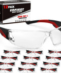 Real Deal Clear Safety Glasses For Men Bulk Pack Featuring Ansi Z87.1 Compliance Wrapping Design And Shatter Resistant Polycarbonate Lenses with 12 pack display.