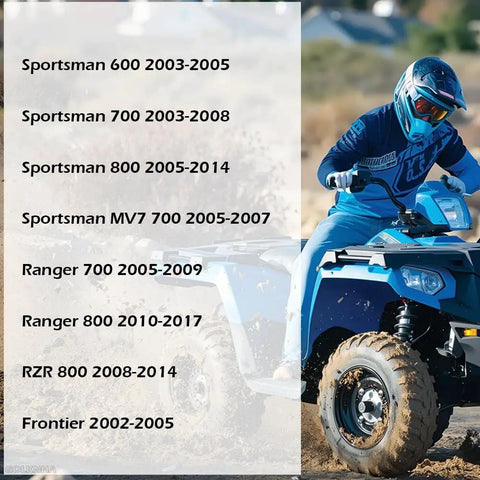 Slick Heavy Duty Water Pump Rebuild Kit Featuring Tough Impeller Shaft And Fast Acting Seal Driver Tool For Polaris Sportsman RZR ATV UTV list of models with rider in blue outfit.