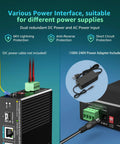 All-In-One Industrial PoE Switch With 6 Ports, 4 Gigabit PoE Plus Ports, 1 Gig Uplink, 1 SFP Port, showing power interfaces and adapter