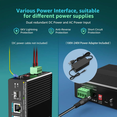 All-In-One Industrial PoE Switch With 6 Ports, 4 Gigabit PoE Plus Ports, 1 Gig Uplink, 1 SFP Port, showing power interfaces and adapter