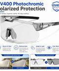 Slick Heavy Duty Photochromic Polarized Safety Glasses With Impact Resistant Lenses For Outdoor Work Featuring Smooth Transition Shades And Dead Serious Anti Glare Protection In Classic Grey, shown from the front with clear lenses.