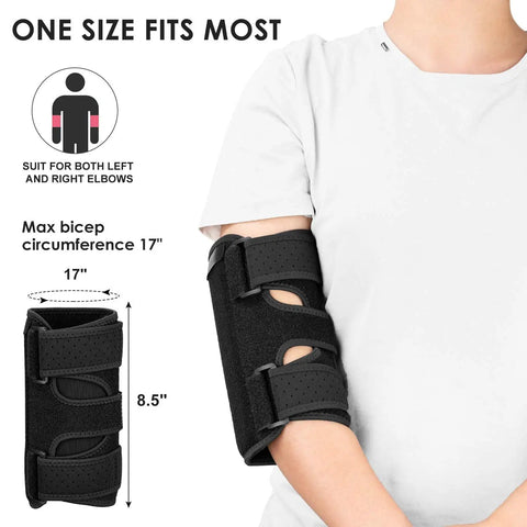 Person wearing elbow brace for tendonitis with removable metal splints and adjustable Velcro straps, fits left or right arm.