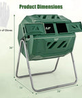 Dual Chamber 43 Gallon Outdoor Compost Tumbler with sliding doors and included gloves shown with product dimensions.