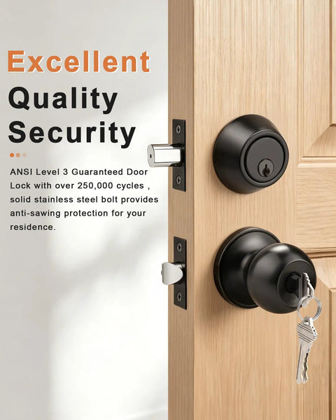 Keyed Alike Entry Knobs And Single Cylinder Deadbolt Lockset For Front Doors Matte Black Two Pack Heavy Duty Build Smooth Glide Handles No Fuss Setup Slick Entryway Security Upgrade Now with key and knob.